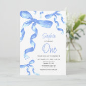 Einladung zum Blue Bow zum 1. Geburtstag (Stehend Vorderseite)