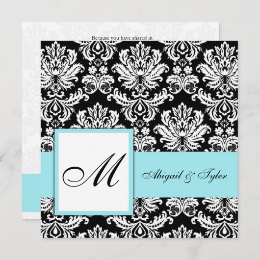 Einladung zum Blue Wedding Monogram Damask (Vorne/Hinten)