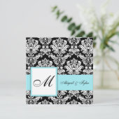 Einladung zum Blue Wedding Monogram Damask (Stehend Vorderseite)