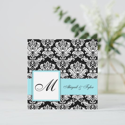 Einladung zum Blue Wedding Monogram Damask (Stehend Vorderseite)