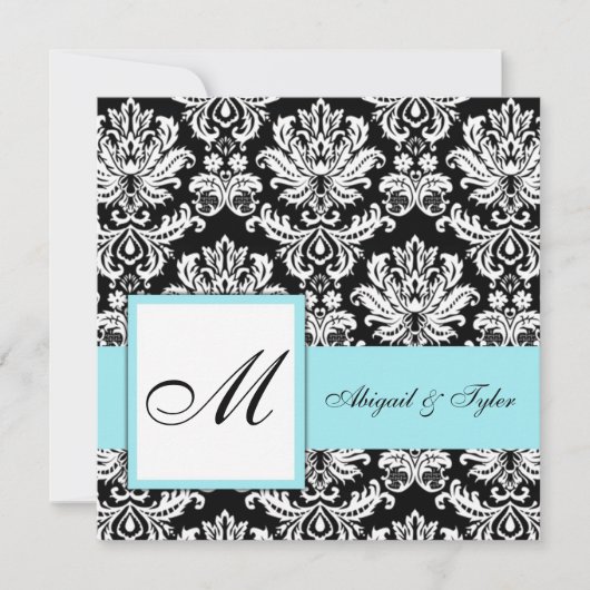 Einladung zum Blue Wedding Monogram Damask (Vorderseite)