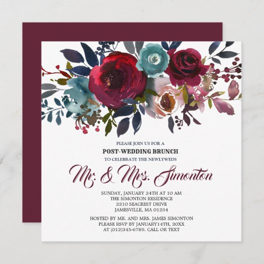 Einladung zum Brunch von Red Burgundy Floral Post  (Vorne/Hinten)