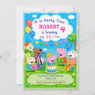 Einladung zum Cartoon-Schwein-Thema. Kinderparty.