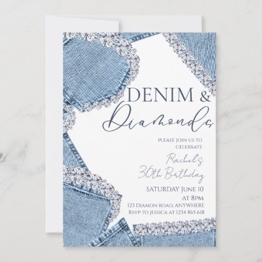 Einladung zum Denim & Diamonds Geburtstag (Vorderseite)