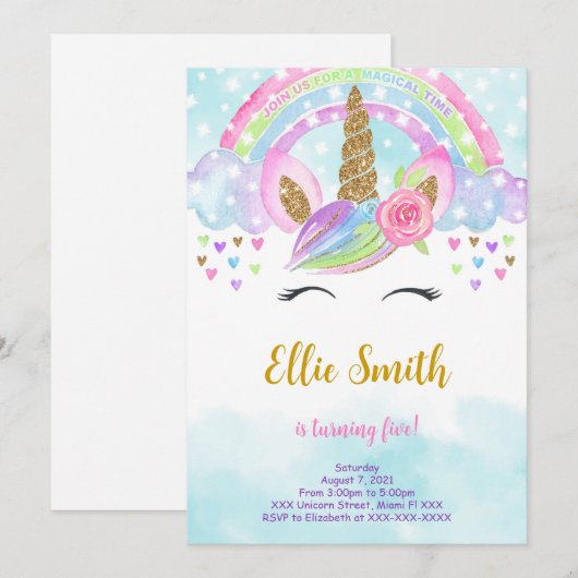 Einladung zum Einhorn der Wasserfarbe (Vorne/Hinten)