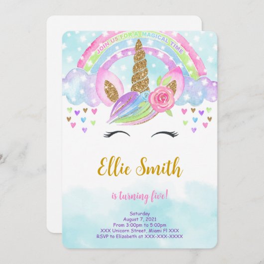 Einladung zum Einhorn der Wasserfarbe (Vorne/Hinten)