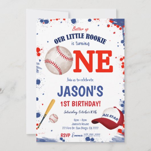 Einladung zum ersten Geburtstag Baseball (Vorderseite)