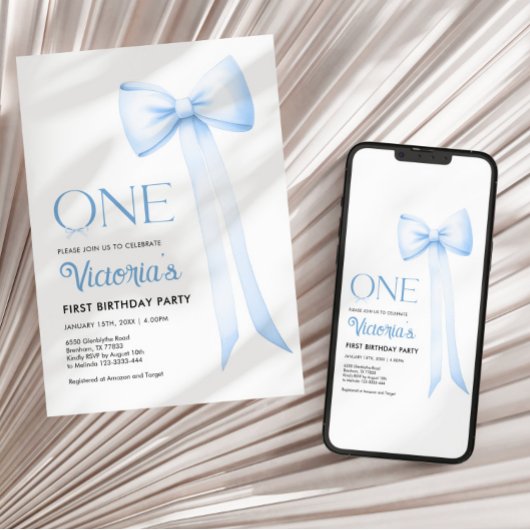 Einladung zum ersten Geburtstag, Blue Coquette Bow