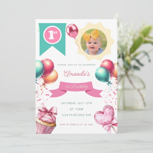 Einladung zum ersten Geburtstag Foto (Stehend Vorderseite)