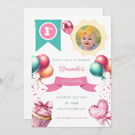 Einladung zum ersten Geburtstag Foto (Vorne/Hinten)