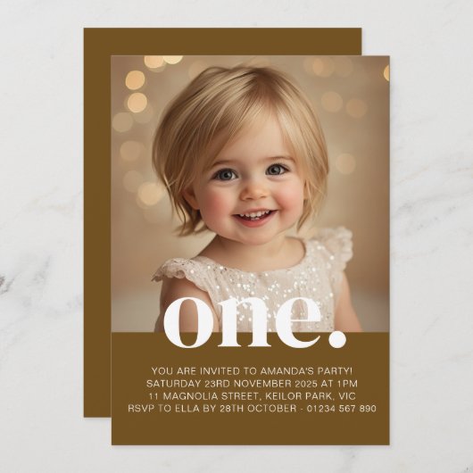 Einladung zum ersten Geburtstag Foto in Caramel Br (Vorne/Hinten)