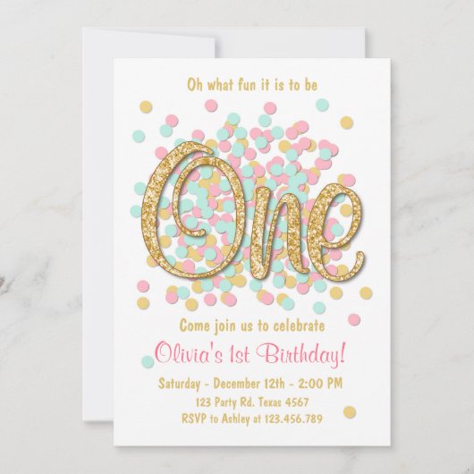 Einladung zum ersten Geburtstag Girl Pink Gold Min (Vorderseite)