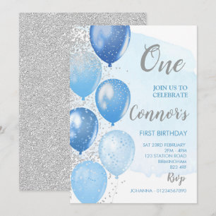 Einladung zum ersten Geburtstag in Blau und Silber