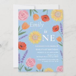 Einladung zum ersten Geburtstag mit Aquarellblumen