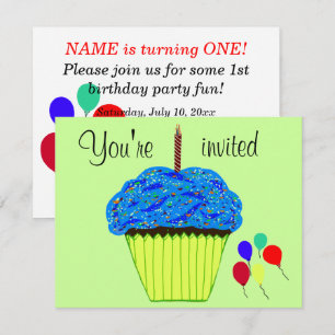 Einladung zum ersten Geburtstag mit blauen Cupcake