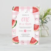 Einladung zum ersten Geburtstag mit rosa Gingham-W (Stehend Vorderseite)