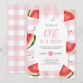Einladung zum ersten Geburtstag mit rosa Gingham-W (Vorne/Hinten)