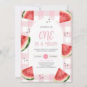 Einladung zum ersten Geburtstag mit rosa Gingham-W