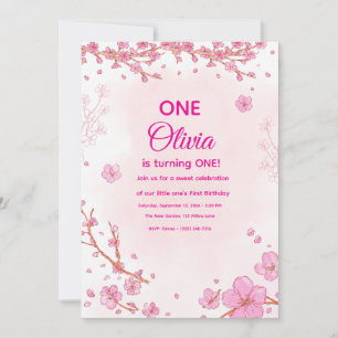 Einladung zum ersten Geburtstag mit rosa Kirschblü