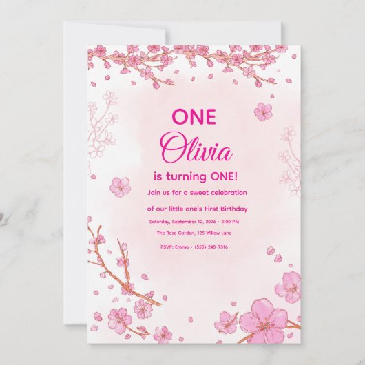 Einladung zum ersten Geburtstag mit rosa Kirschblü (Vorderseite)