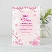 Einladung zum ersten Geburtstag mit rosa Kirschblü (Stehend Vorderseite)