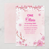 Einladung zum ersten Geburtstag mit rosa Kirschblü (Vorne/Hinten)