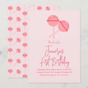 Einladung zum ersten Geburtstag mit rosa Lollipops