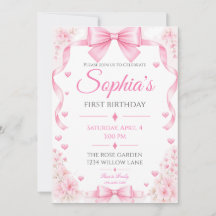 Einladung zum ersten Geburtstag mit rosa Schleife 