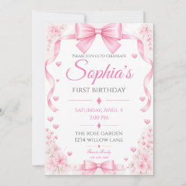 Einladung zum ersten Geburtstag mit rosa Schleife