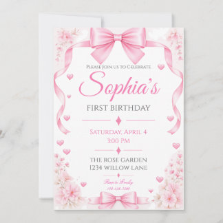 Einladung zum ersten Geburtstag mit rosa Schleife 
