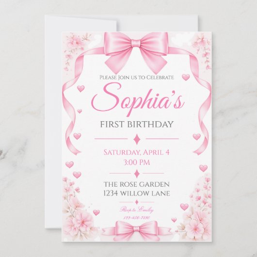 Einladung zum ersten Geburtstag mit rosa Schleife (Vorderseite)