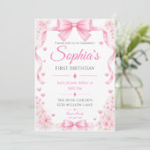 Einladung zum ersten Geburtstag mit rosa Schleife (Stehend Vorderseite)