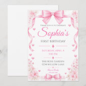 Einladung zum ersten Geburtstag mit rosa Schleife (Vorne/Hinten)