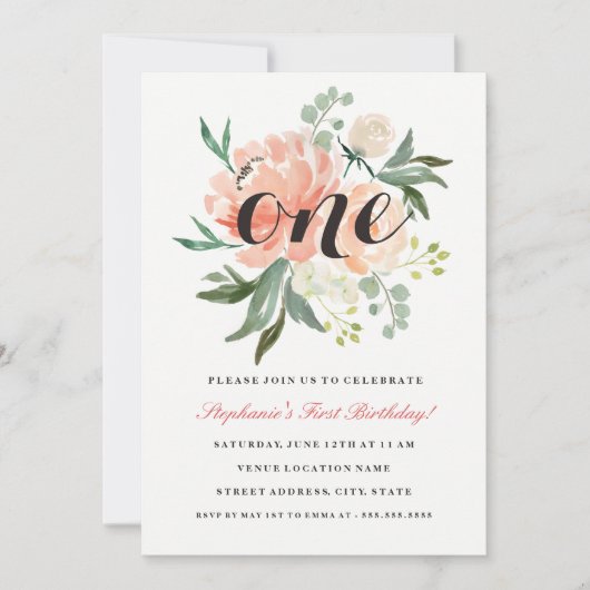 Einladung zum ersten Geburtstag Pfirsichpfirsich (Vorderseite)