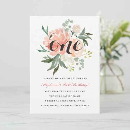 Einladung zum ersten Geburtstag Pfirsichpfirsich (Stehend Vorderseite)