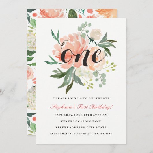 Einladung zum ersten Geburtstag Pfirsichpfirsich (Vorne/Hinten)