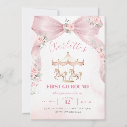 Einladung zum ersten Geburtstag Pink Bow Coquette  (Vorderseite)