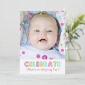 Einladung zum ersten Geburtstag Pink Confetti Foto (Stehend Vorderseite)