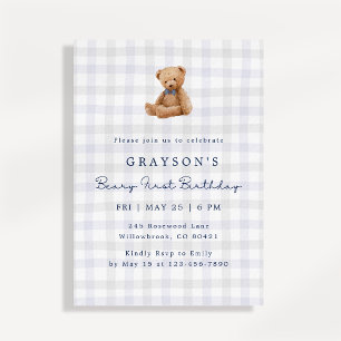 Einladung zum ersten Geburtstag: Teddybär im blaue