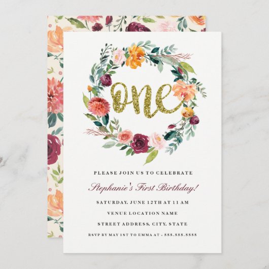 Einladung zum ersten Geburtstag von Burgundy Gold (Vorne/Hinten)