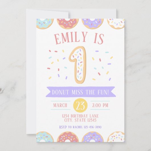Einladung zum ersten Geburtstag von Donut (Vorderseite)