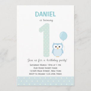 Einladung zum ersten Geburtstag von Eule (blau)