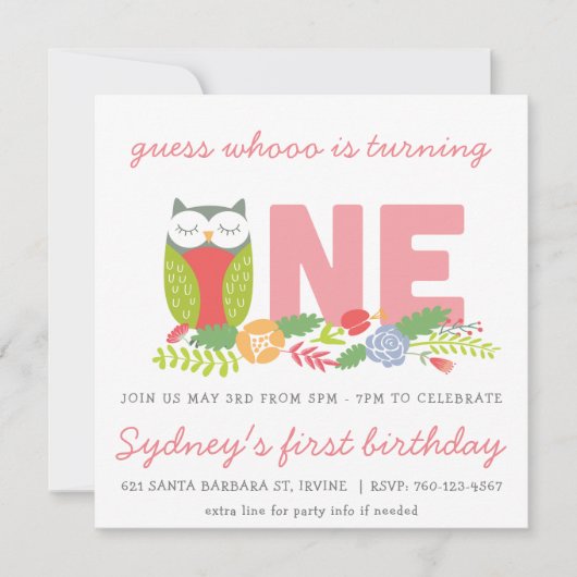 Einladung zum ersten Geburtstag von Owl (Vorderseite)