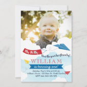 Einladung zum ersten Geburtstag von Papierflugzeug (Vorderseite)