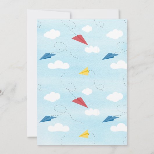 Einladung zum ersten Geburtstag von Papierflugzeug (Rückseite)