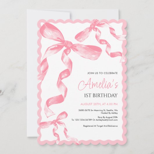 Einladung zum ersten Geburtstag von Pink Bow, eine (Vorderseite)