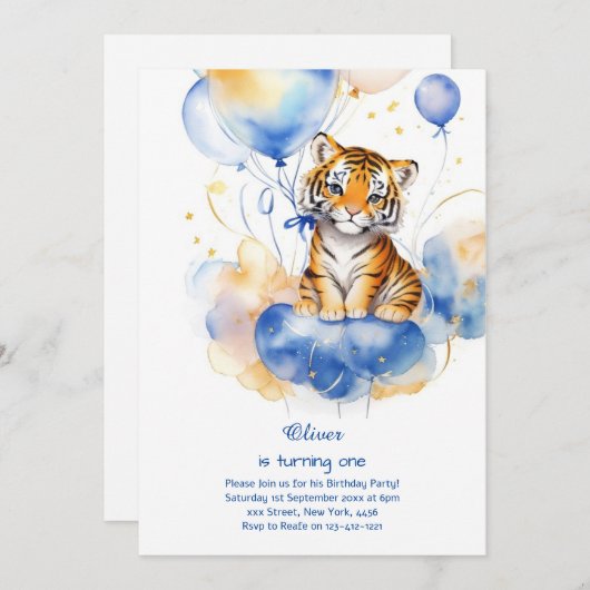 Einladung zum ersten Geburtstag von Tiger (Vorne/Hinten)