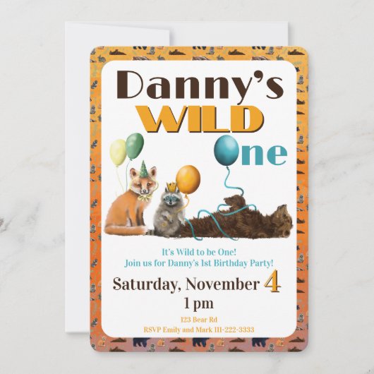 Einladung zum ersten Geburtstag - Wilde Tiere (Vorderseite)