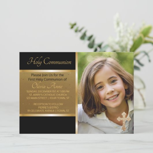 Einladung zum ersten Heiligen Kommunion Black Gold (Stehend Vorderseite)