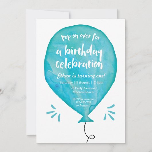 Einladung zum Geburtstag | Blue Watercolor Balloon (Vorderseite)